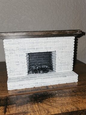 Mini White Brick Fireplace Mantel with Dark Wood Top Dollhouse
